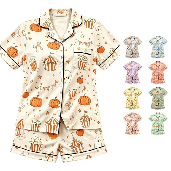 HAYIMI Kids Halloween Short Sleeve Button Lapel Blouse Tops And Shorts Girls Spring Autumn Pajama Set Casual Homewear, 12-13 Years