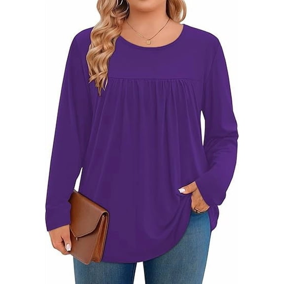 Womens Plus Size Tops Long Sleeve Shirts Pleated Crew Neck Tunic Casual Loose Dressy Blouse Shirts