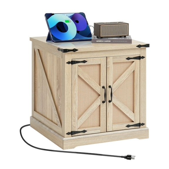 KFFKFF Countryside Side Table, Rectangular Synthetic Rattan Woven Timber Tea Table, 24-Inch Contemporary Bohemian Design Storage Tea Table with Vintage Metal Fastenings, Suitable for Lounge