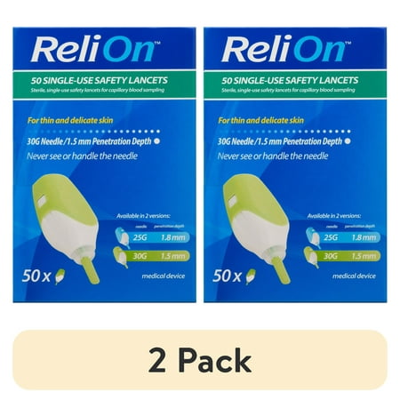 (2 pack) ReliOn 30 Gauge Needle 2-In-1 Lancing Device for sensitive skin- 50ct