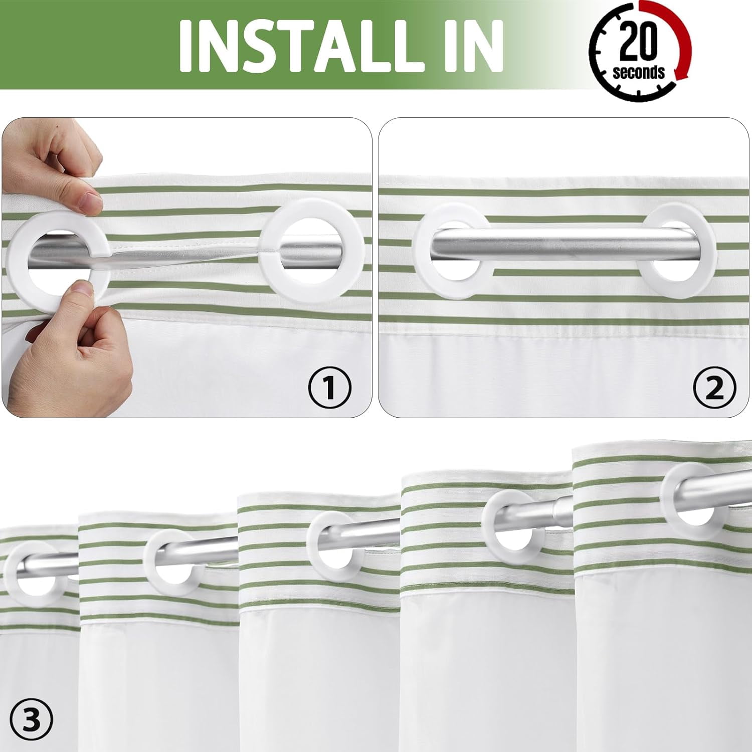No Hook Shower Curtain with Snap in Liner Set Cotton and Linen Blend Shower Curtain for Bathroom Boho Farmhouse Green Striped 75" L x 72" W
