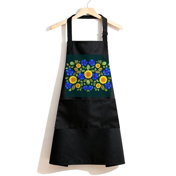 RKSupls Waterproof Bib Apron with 3 Pockets, Floral Bouquet Pattern Adjustable Neck Strap Soft Polyester Water Resistant Apron for Kitchen Restaurant Home Use