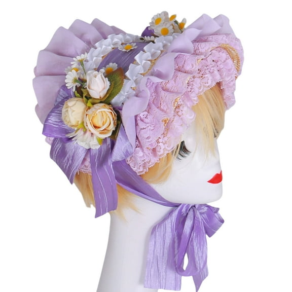 T-HOTLYST Victorian Lace Designs Straw Bonnet Hat For Women With Ruffled Trim and Rose Flower For Cocktail Party And Cosplay Event