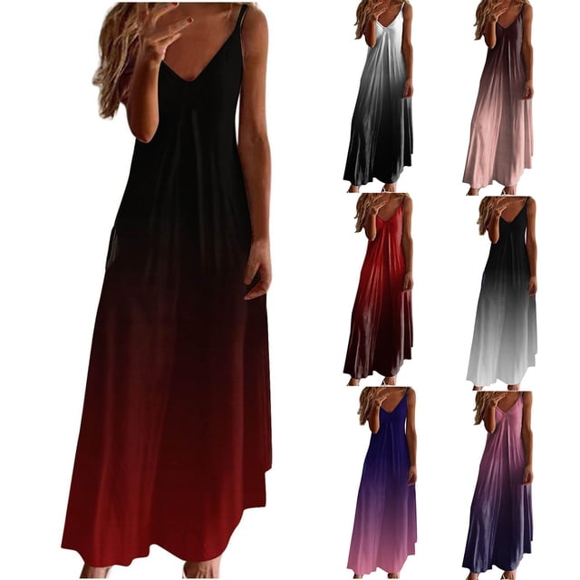 Yuyuzo Robes d'Été pour Femmes Décontractées à Col en V à Bretelles Spaghetti Plage Vacances Imprimé Dégradé Maxi Robe d'Été