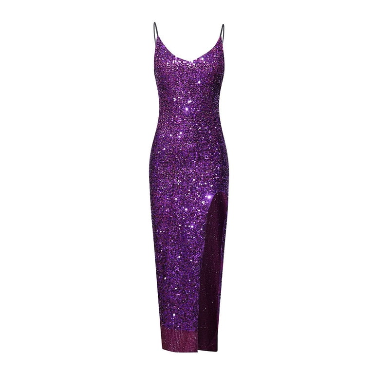 women's dark purple strapless dress for the club Luciana | Sequin Embellished Bandeau Maxi or no bra Purple Cocktail & Party Dresses