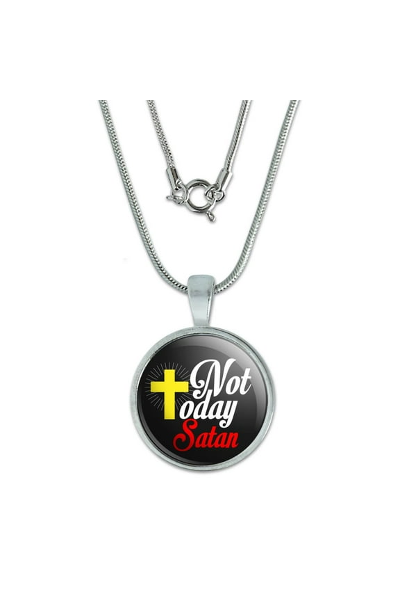 Not Today Satan Cross Christian Religious 0.75" Pendant with Sterling Silver Plated Chain
