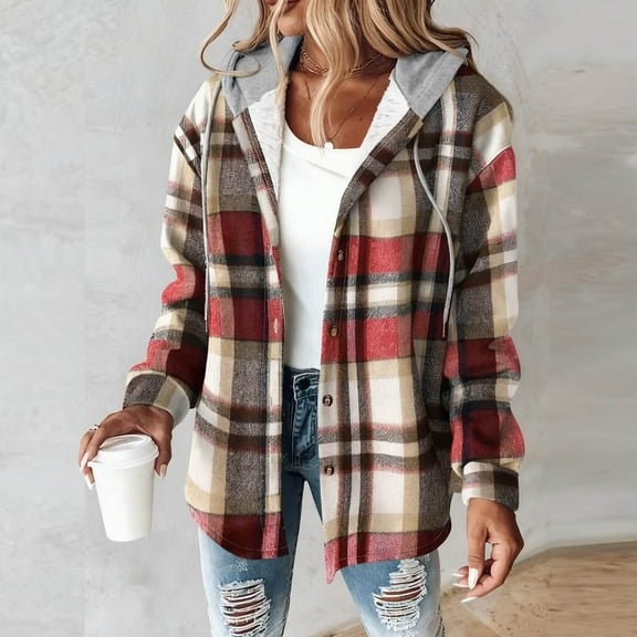 Oksale Plaid Woolen Jacket for Women Trendy Fuzzy Fleece Lined Jacket Shacket with Pockets Casual Button Down Hooded Coat Drawstring Long Sleeve Overcoats Fall Winter Outerwear 2025 Wine S