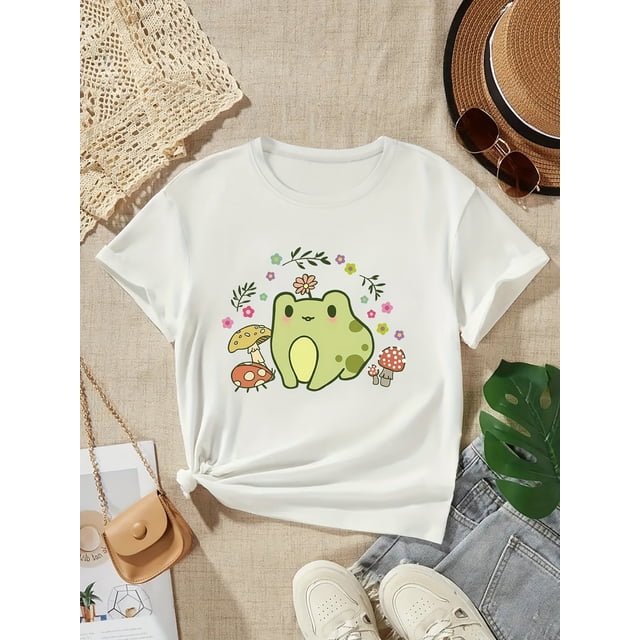 Cute Cartoon Frog With Mushroom Graphic Print, Tween Girls' Casual & Comfy Crew Neck Short Sleeve Tee For Spring & Summer, Tween Girls' Clothes For Outdoor Activities