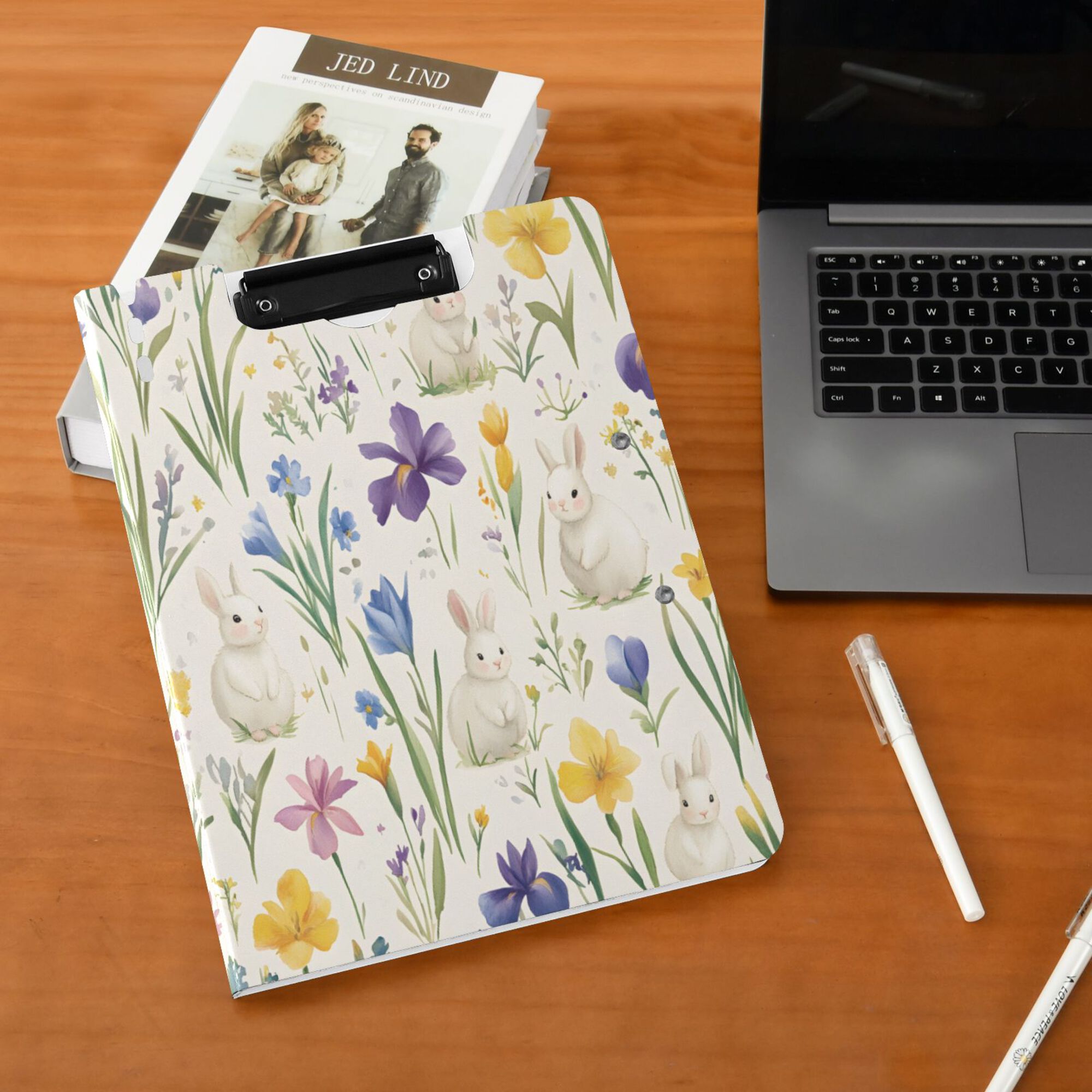 FORMRS A4 Clipboard Folder with Pen Holder Horizontal Foldable School Office Binder, Blue Floral Rabbit
