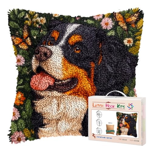 DIY Latch Hook Pillow Kits for Adults Bernese Mountain Dog and Butterfly Printed Pillowcase Crochet Yarns Hooking Handmade Pillow Cover Cushion for Home Sofa Decoration 17x17inch(3)