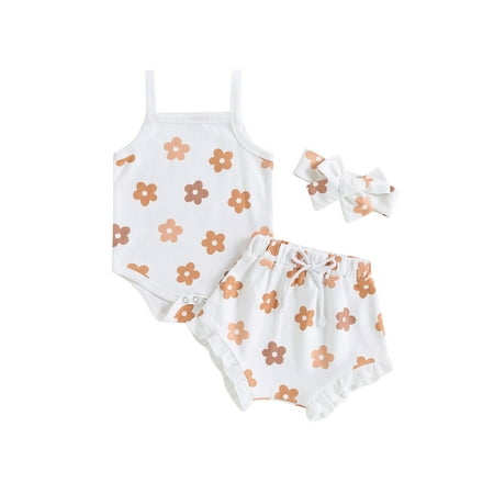 

Baby Girl Summer Clothes Floral Print Sleeveless Romper and Ruffle Shorts Headband Set 3PCS Outfits