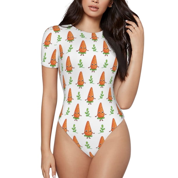 Fotbe Cute Carrot Print Body de Mujer con Cuello Redondo y Mangas Cortas, Sin Mangas Ajustado, Suave, Cómodo y Básico-XX-Large