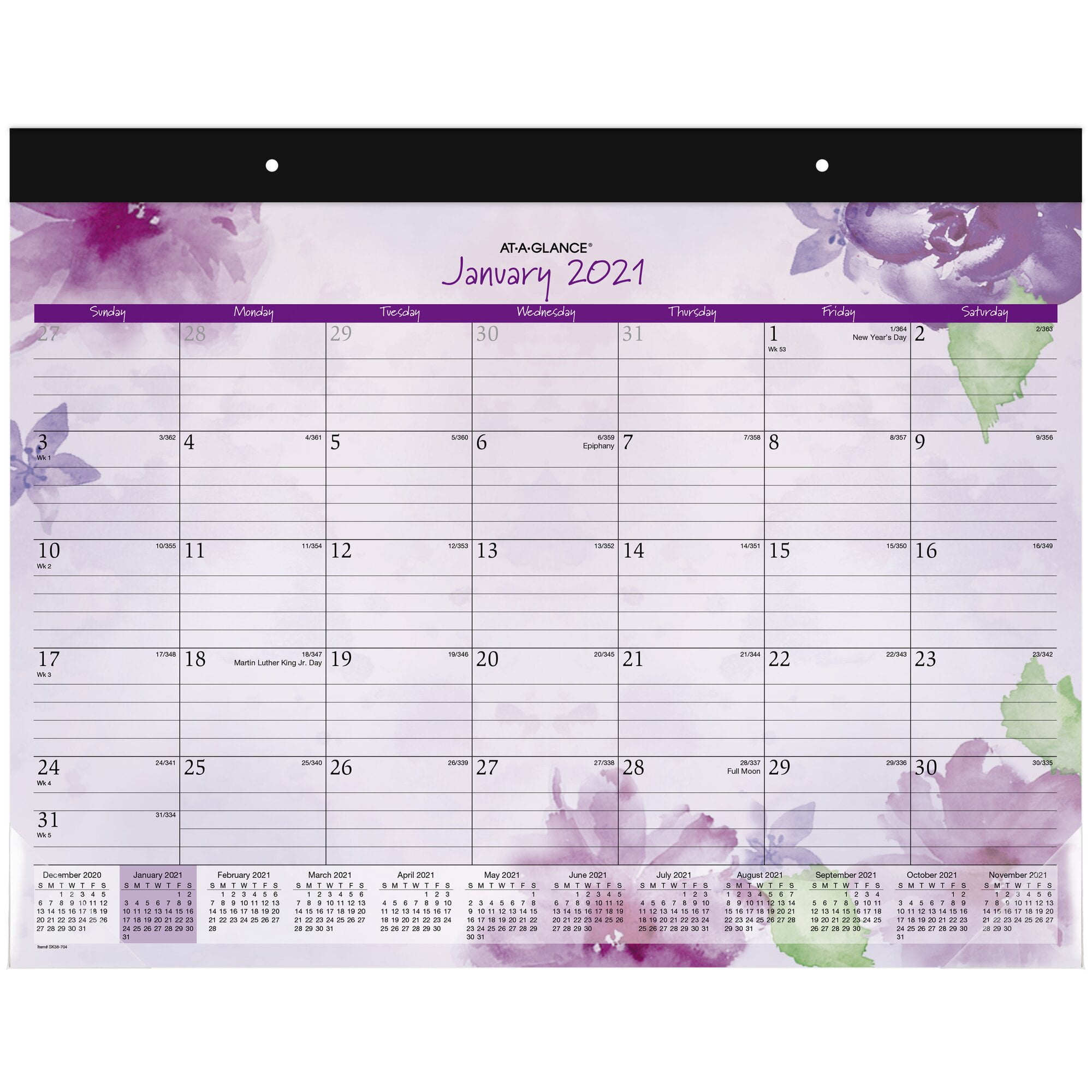 AT-A-GLANCE Beautiful Day 13-Month Monthly Desk Pad Calendar, 21 3/4" x 17", January 2021 to January 2022 - SK38-704-21