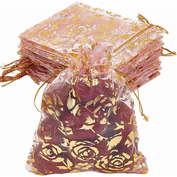 100Pcs 3.9 x 4.7 inch Drawstring Organza Pouch Small Jewelry Gift Bags Bulk Gold Rose Flower Printed Jewelry Cosmetic Gifts Storage Pouches DIY