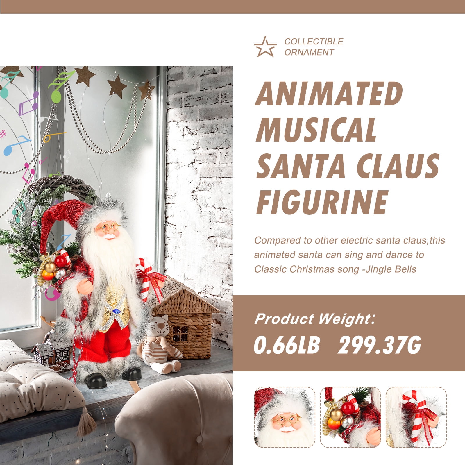14-Inch Animated Plush Santa Claus with Christmas Music,Musical Christmas Figurine for Tabletop Indoor Holiday Home Decoration