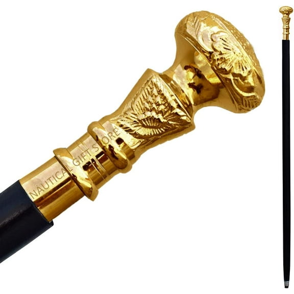 Vintage Antique Walking Cane Wooden Walking Stick Golden Brass Handle Knob Gift, Brown,Silver, 36-37 inches