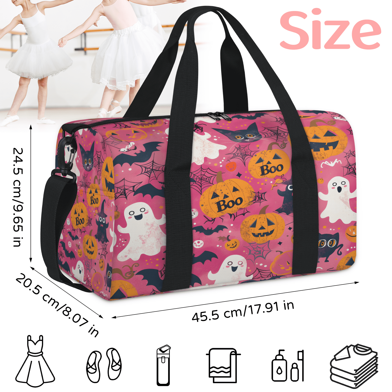 Herdesigns Halloween Gym Bag for Women, Duffle Bag for Travel Sport, Bat Pumpkin Ghost Lightweight Waterproof Carry on Weekender Dance Yoga Workout Bags