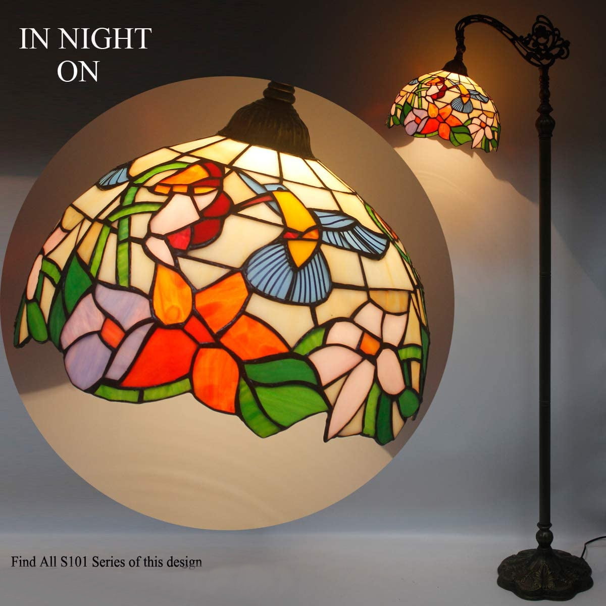 Tiffany Floor Lamp LED 64" Tall Industrial Pole Vintage Boho Hummingbird Stained Glass Standing Corner Bright Reading Light Arched Gooseneck Adjustable Living Room Kids Bedroom Farmhouse
