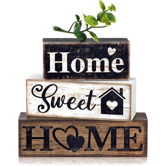 4-Piece Farmhouse Wooden Tabletop Decor Set: Wooden Block Sign, “Sweet Home” Centerpiece,Farmhouse Tiered Tray, Rustic Eucalyptus Leaves, Home Table Decoration