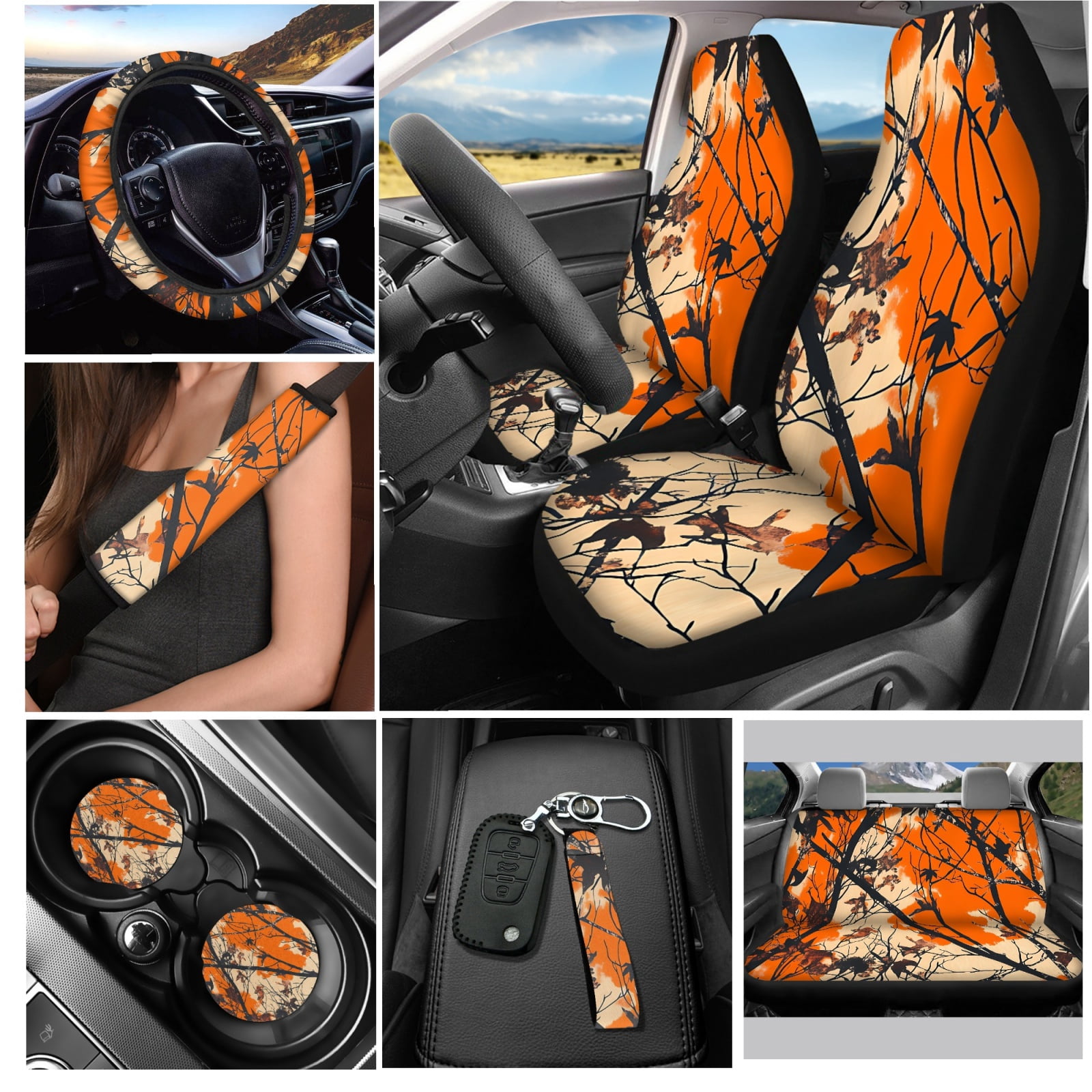 Yuyamidu Camo Hunting Car Seat Covers Full Set 12 PCS Orange Wood Steering Wheel Cover Seat Belt Strap Pads Cup Coasters Keychain Auto Decor