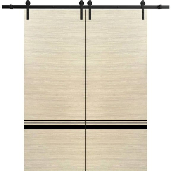 Sturdy Double Barn Door 36 x 80 inches with | Planum 0012 Natural Veneer with Frosted Glass | 13FT Rail Hangers Heavy Set | Solid Panel Interior Doors