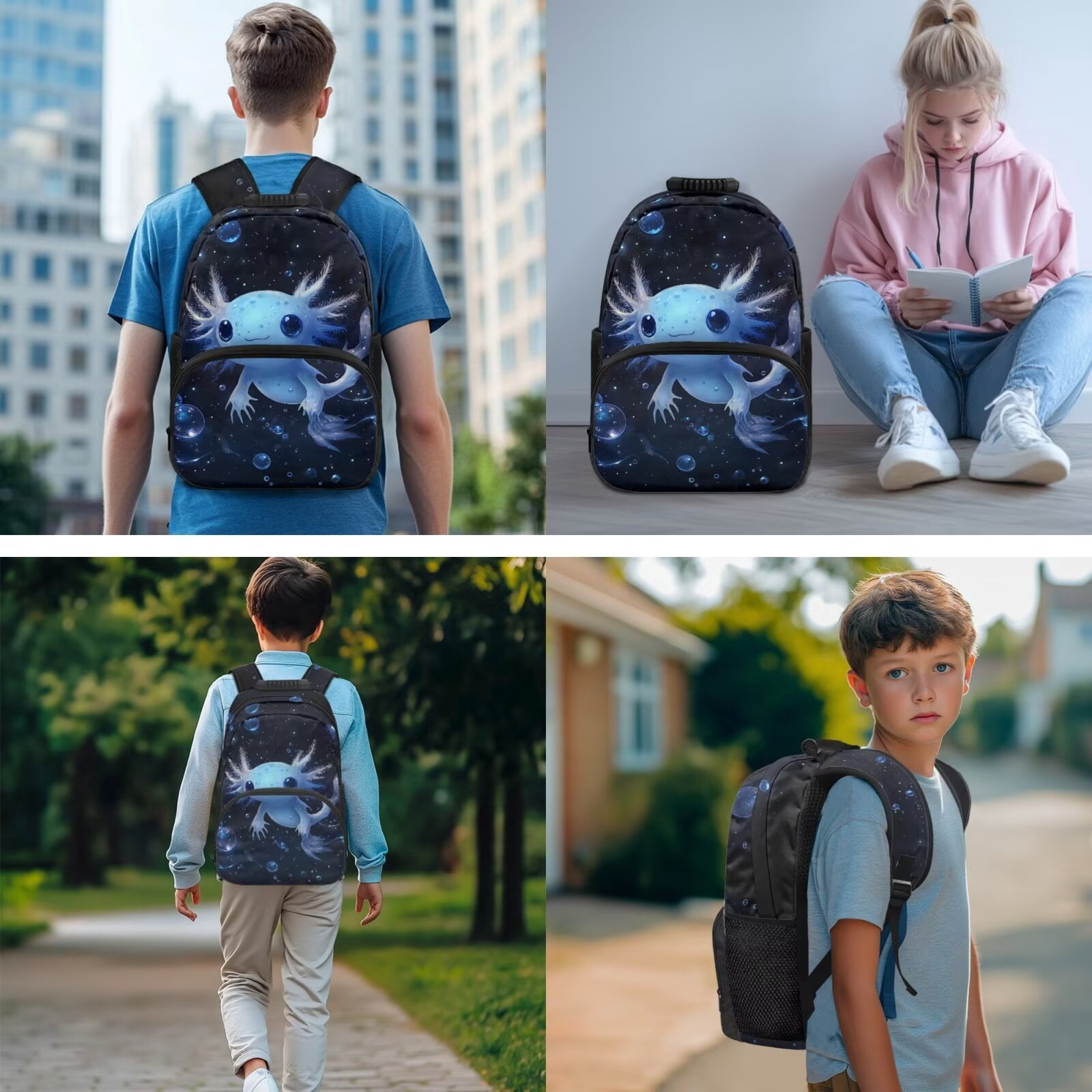 Pzuqiu Blue Axolotl Cute Backpack for School 17 Inch 4 Piece Back Pack for Girls with Lunch Box Pencil Case 2pcs Bookmark Rucksack Travel Backpacks for Kids Student Bag