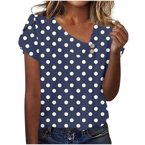 Nfurl Cap Sleeve Tops for Women Elegant Polka Dot V Neck T Shirts Casual Summer Tops Fitted Ladies Going Out Shirts Navy,Size M