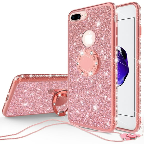SOGA Apple Compatible case, model iPhone 8 Case, iPhone 7 Case, Cute Girl/Women Shinny Rhinestone Bumper Sparkling Glitter Bling Diamond Cover with Ring Stand