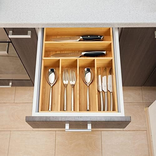 Kitchen Drawer Organizer, 12 Inch Silverware Utensil Tray Holder, Extra Deep, with Non-Slip Feet & Grooved Drawer Divider, 6 Slots Total Bamboo Wood Caddy for Flatware Cutlery Knives