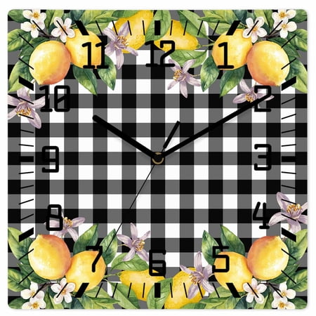Lemon Wooden Wall Clock Silent Non Ticking, Black Plaid Check Yellow Fruit Flower Floral Square