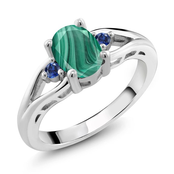 Gem Stone King 925 Sterling Silver Green Malachite and Blue Created Sapphire 3 Stone Engagement Ring for Women | 2.09 Cttw | Oval 8X6MM | Round 2MM | Gemstone Birthstone | Size 5