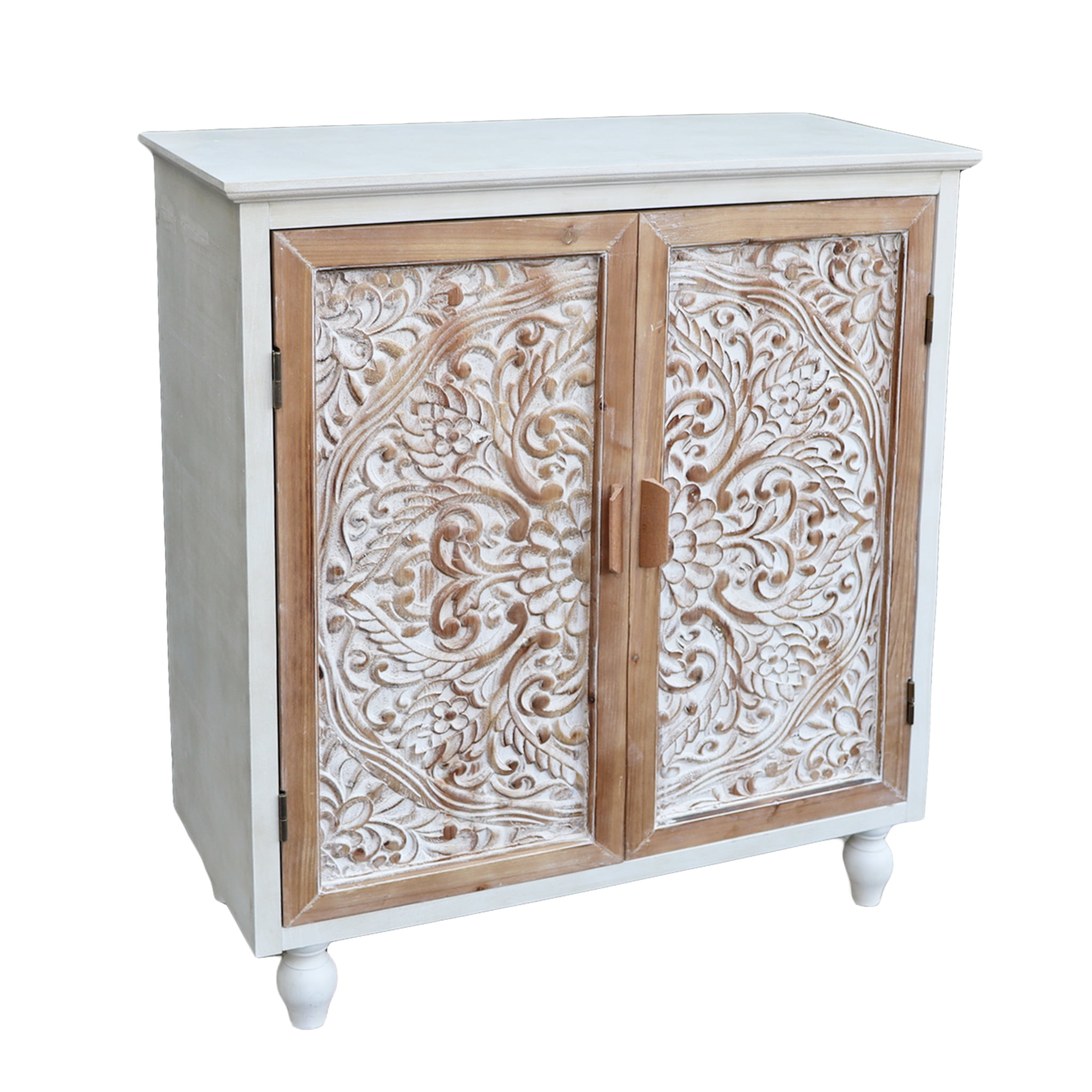 Parisloft Farmhouse Wood Storage Cabinet with Carved Doors and Movable Shelf, 34.5"H