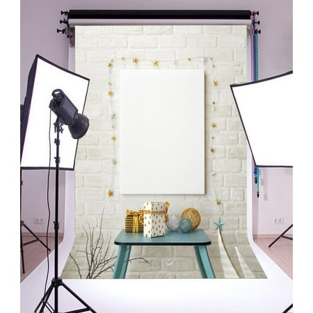 Image of HelloDecor 5x7ft Christmas Photography Backdrop Interior Decorations Painted White Board Brick Wall Blue Desk Gift Box Scene Photo Background Children Baby Adults Portraits Backdrop