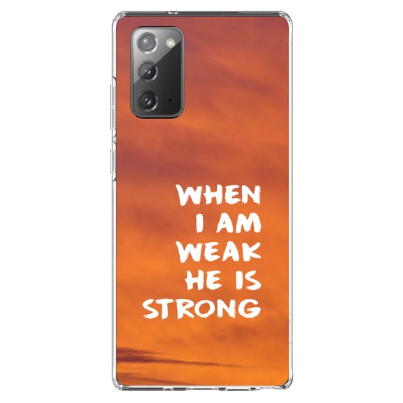 DistinctInk Clear Shockproof Hybrid Case for Samsung Galaxy Note 20 (6.7" Screen) - TPU Bumper, Acrylic Back, Tempered Glass Screen Protector - When I Am Weak, He Is Strong - Christ