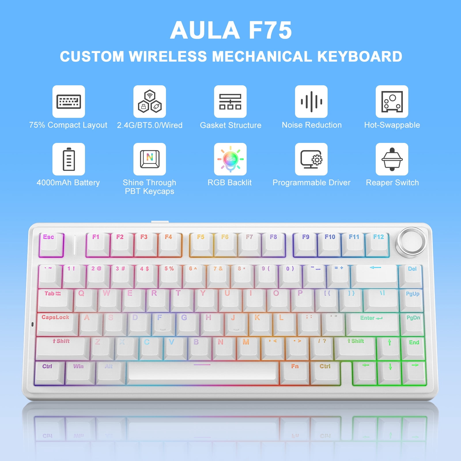 AULA F75 75% Wireless Mechanical Gaming Keyboard, Hot Swappable, RGB Backlit, BT5.0/2.4GHz/Type-C, Pre-lubed Reaper Switches