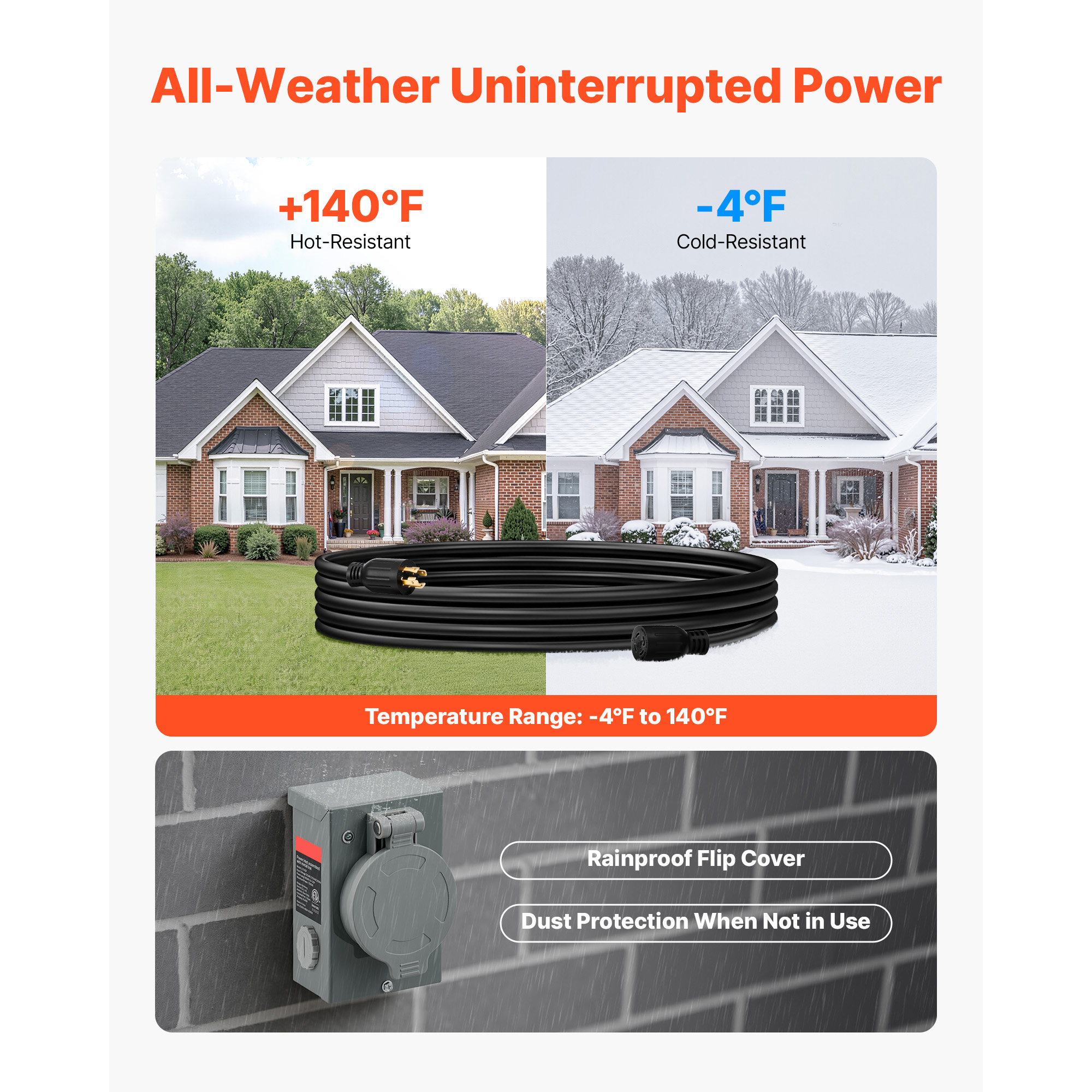 KFFKFF 30 Amp Generator Cord and Power Inlet Box, 15 FT, 125/250V NEMA L14-30P to L14-30R Heavy-Duty Extension Cord, SJTW 10 Gauge 7500W, Pre-Drilled Inlet Box, for Connecting Generator to Home