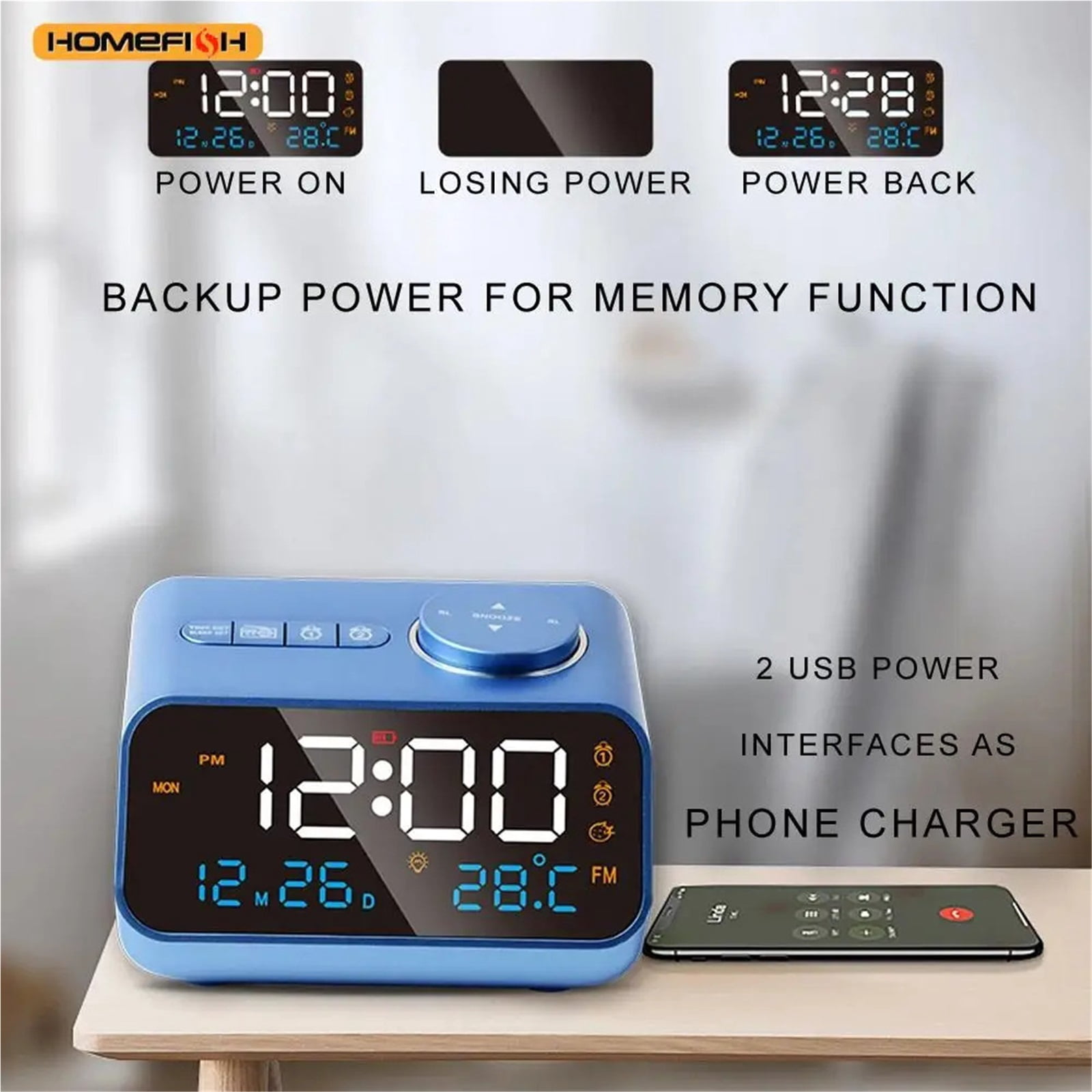 Mordern FM Radio LED Alarm Clock for Bedside Wake Up. Digital Table Calendar with Temperature Thermometer Humidity Hygrometer.