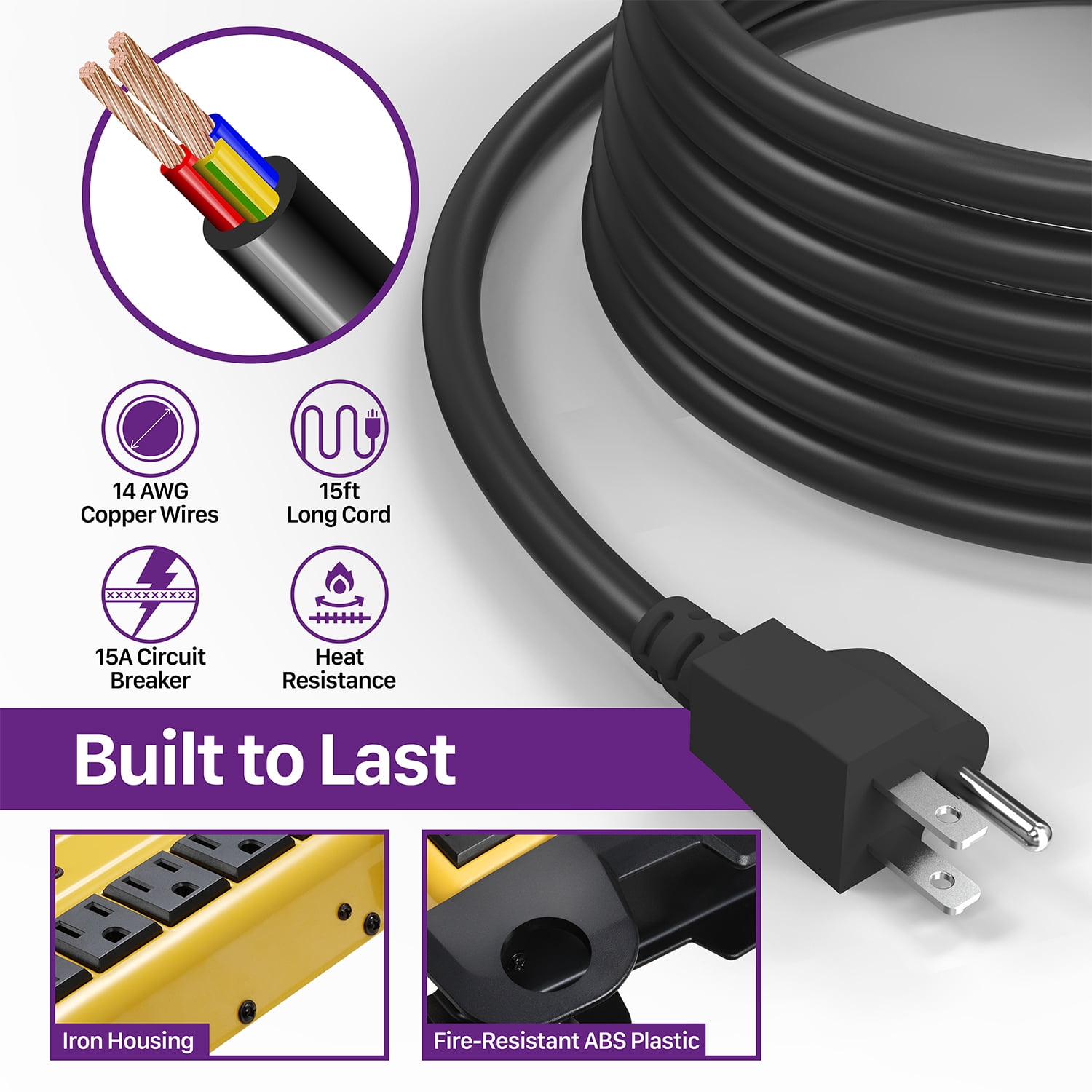 Fosmon 10-Outlet Extender Surge Protector Power Strip, 15ft Heavy Duty Extension Cord, 3150J Indoor Outdoor Surge Protector Extension Cord -ETL Listed