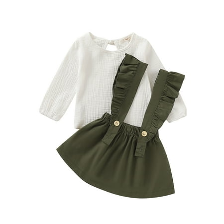 

COUTEXYI Toddler Baby Girls Long Sleeve T-Shirt Top+Solid Suspender Skirt