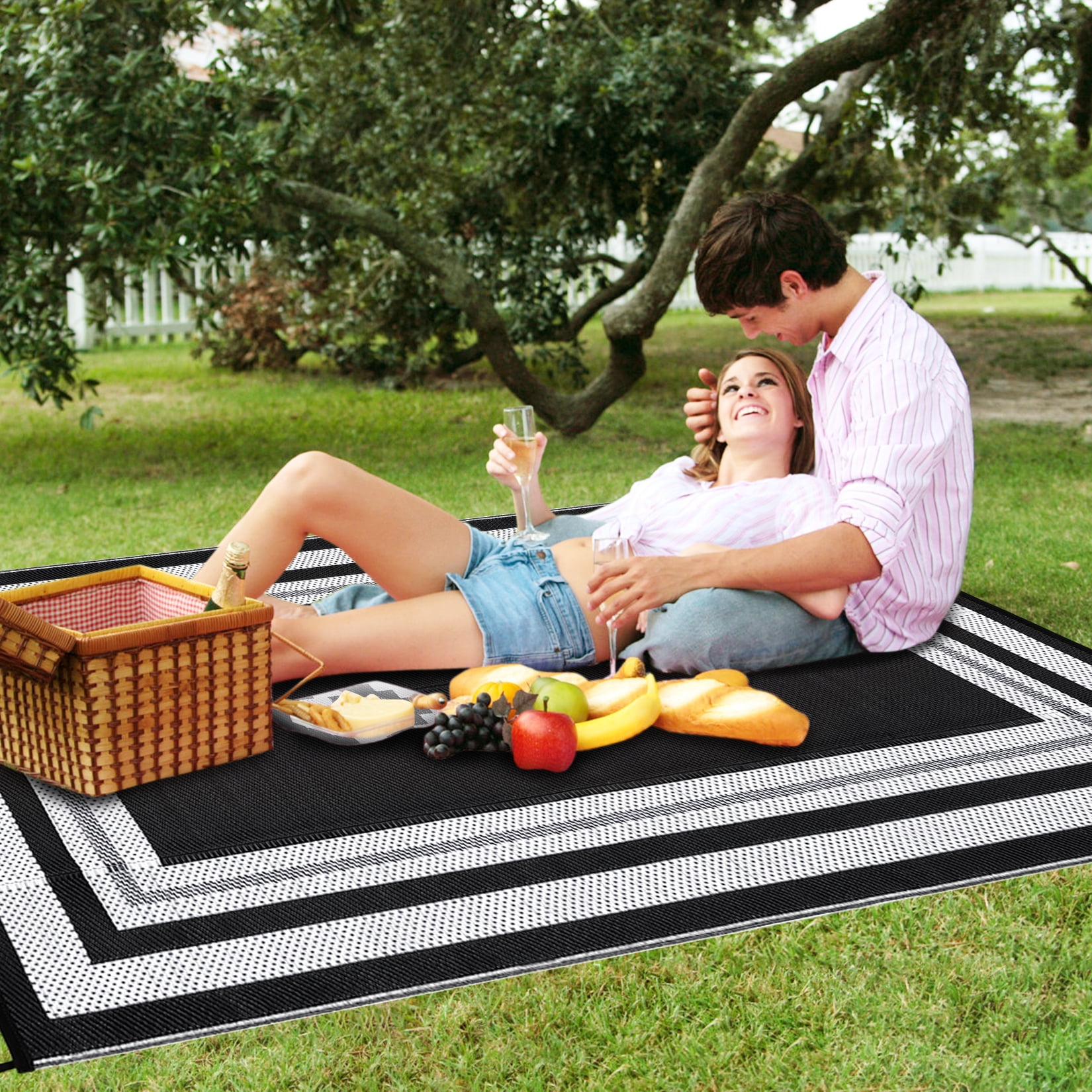 GlowSol 9'x12' Outdoor Rug Plastic Patio Rug Plastic Straw Waterproof Rug Modern Bordered Reversible Camper Rug for RV Backyard Deck Picnic Beach, Black White
