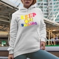 thumbnail image 2 of Keep on Smiling, Motivational Quote, Groovy Retro Wavy Text Merch Gift, White Hooded Sweatshirt or Hoodie, 2XL, 2 of 5