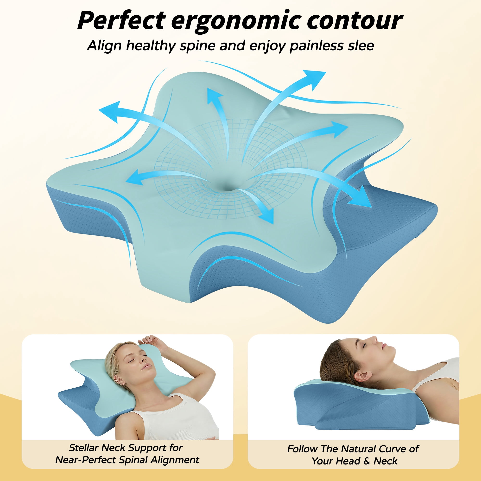 Cervical Memory Foam Pillow for Neck Pain Relief, Ergonomic Contour Pillow for Side Back Stomach Sleepers, Orthopedic Neck Support Pillow for Sleeping，Blue