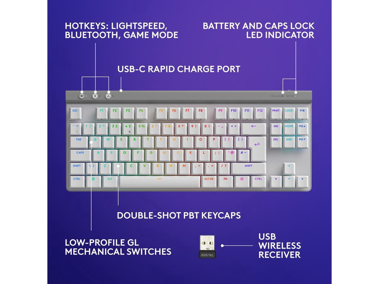Logitech G515 LIGHTSPEED TKL Low Profile Wireless Gaming Keyboard - GL Brown Tactile Switches, LIGHTSYNC RGB, Thin Tenkeyless Design, PBT Keycaps - White