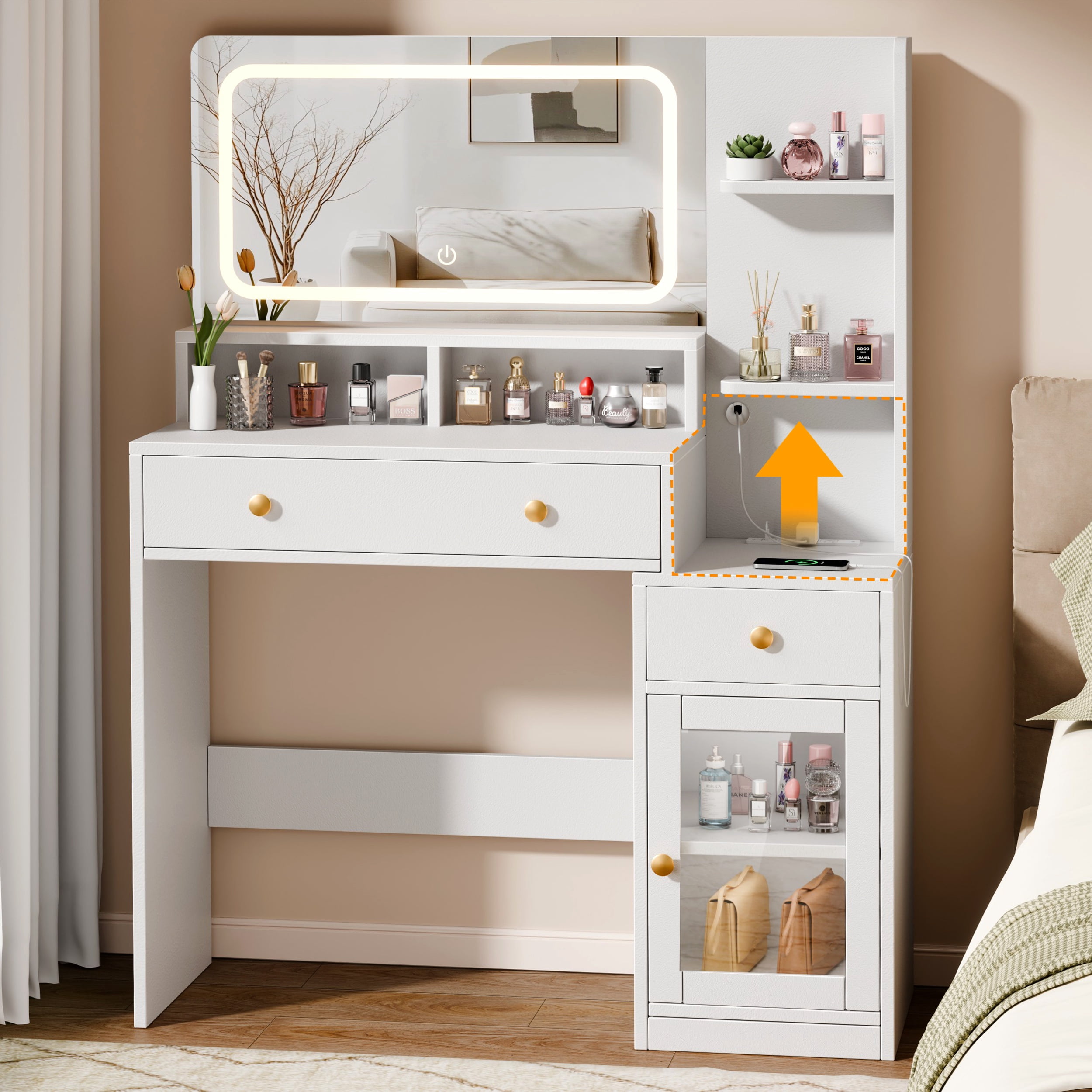 Satifur White Makeup Vanity with LED Mirror, 3 Color Lights, 2 AC + USB + Type-C, 3 Shelves, 2 Drawers & Acrylic Cabinet – Modern Vanity Desk for Bedroom