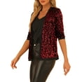 thumbnail image 4 of INSPIRE CHIC Veste Élégante à Paillettes pour Femme, Ouverte à l'Avant, Sans Col, Décontractée, Manches 3/4, Cardigan en Velours, Rouge Foncé, TP, 4 of 6