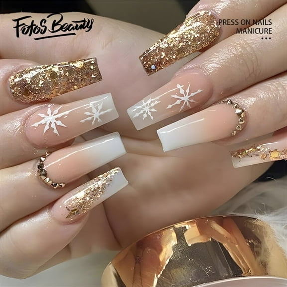 Fofosbeauty Christmas Nails 24pcs Press on Nails, Coffin Acrylic Nails, Sparkle Snowflake Gold