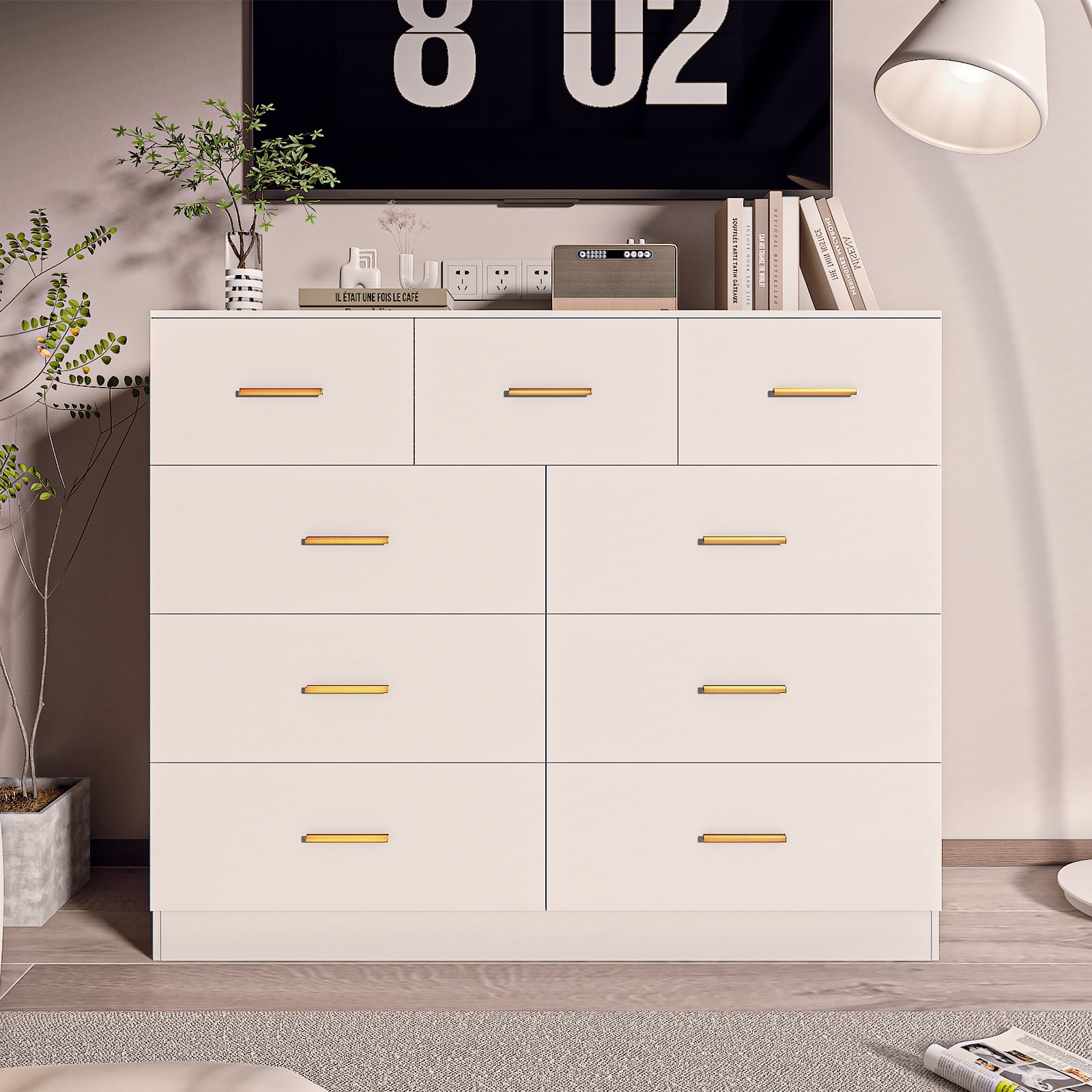 Ktaxon 9 Drawer Double Dresser Wood Dresser Storage Cabinet Drawer Organizer Chest Of Drawers, White