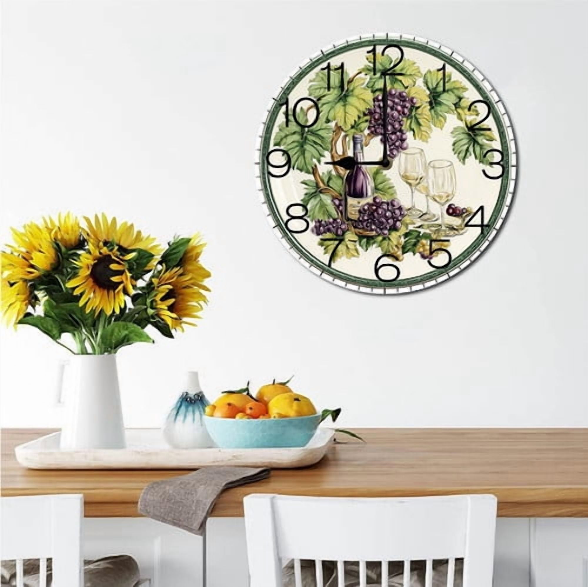 Eveokoki Wall Clock Wine Grape Wood Battery Operated Silent Non-Ticking Clock Decorative for Home Kitchen Living Room Office Bathroom Bedroom 10 Inch