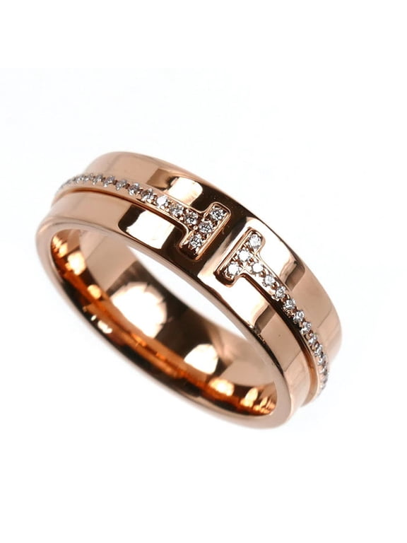 Pre-Owned TIFFANY&Co. Tiffany 18KPG Pink Gold T Two Narrow Wide Ring with Diamonds, 6.7g,...