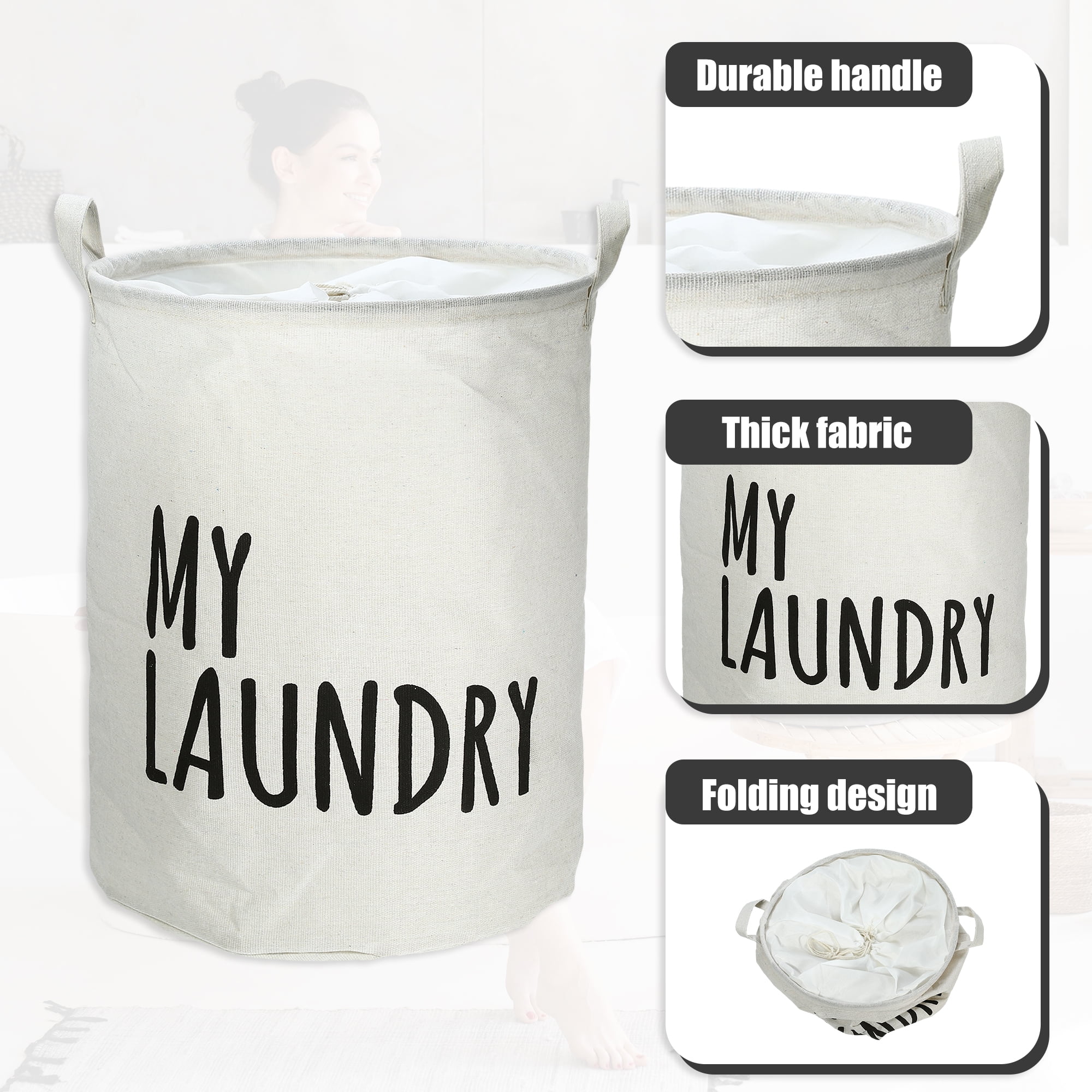 Unique Bargains Foldable Laundry Basket with Handle 1 Pc White-15.75"x19.69"